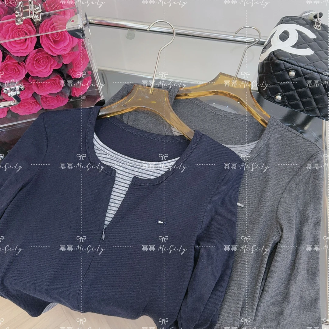 【条纹拼接假两件】2025早秋新款女装圆领套头长袖设计感假两件上衣