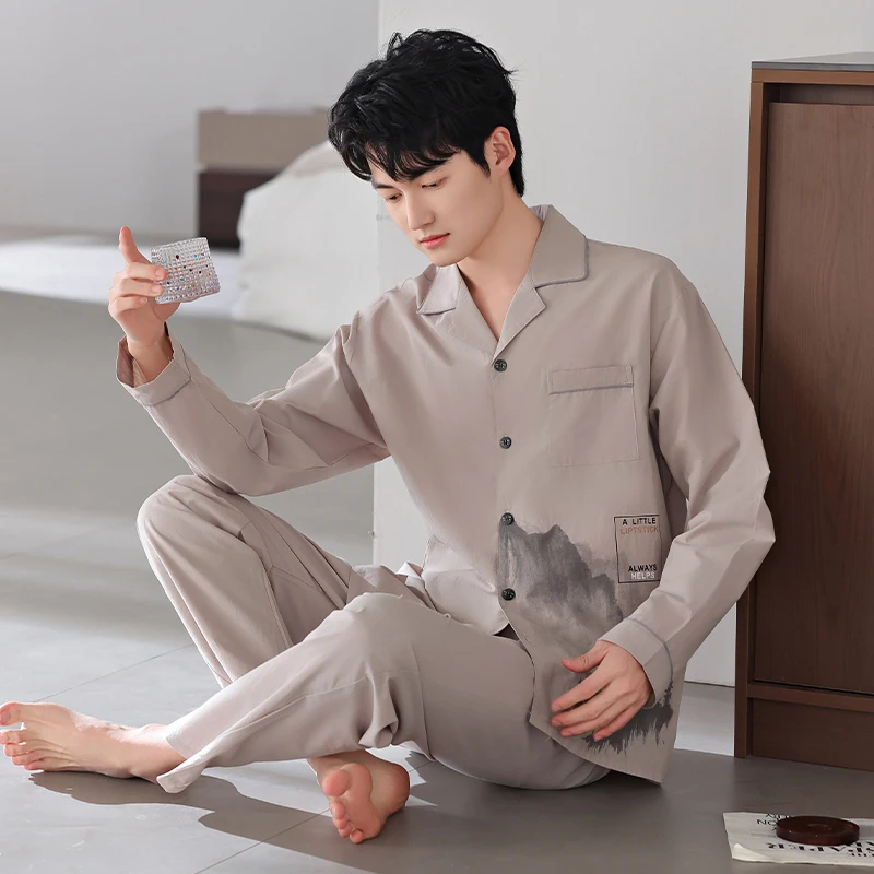 【棉麻感梭织全棉】纯棉男睡衣秋冬季翻领开衫家居服长袖中老年爸爸