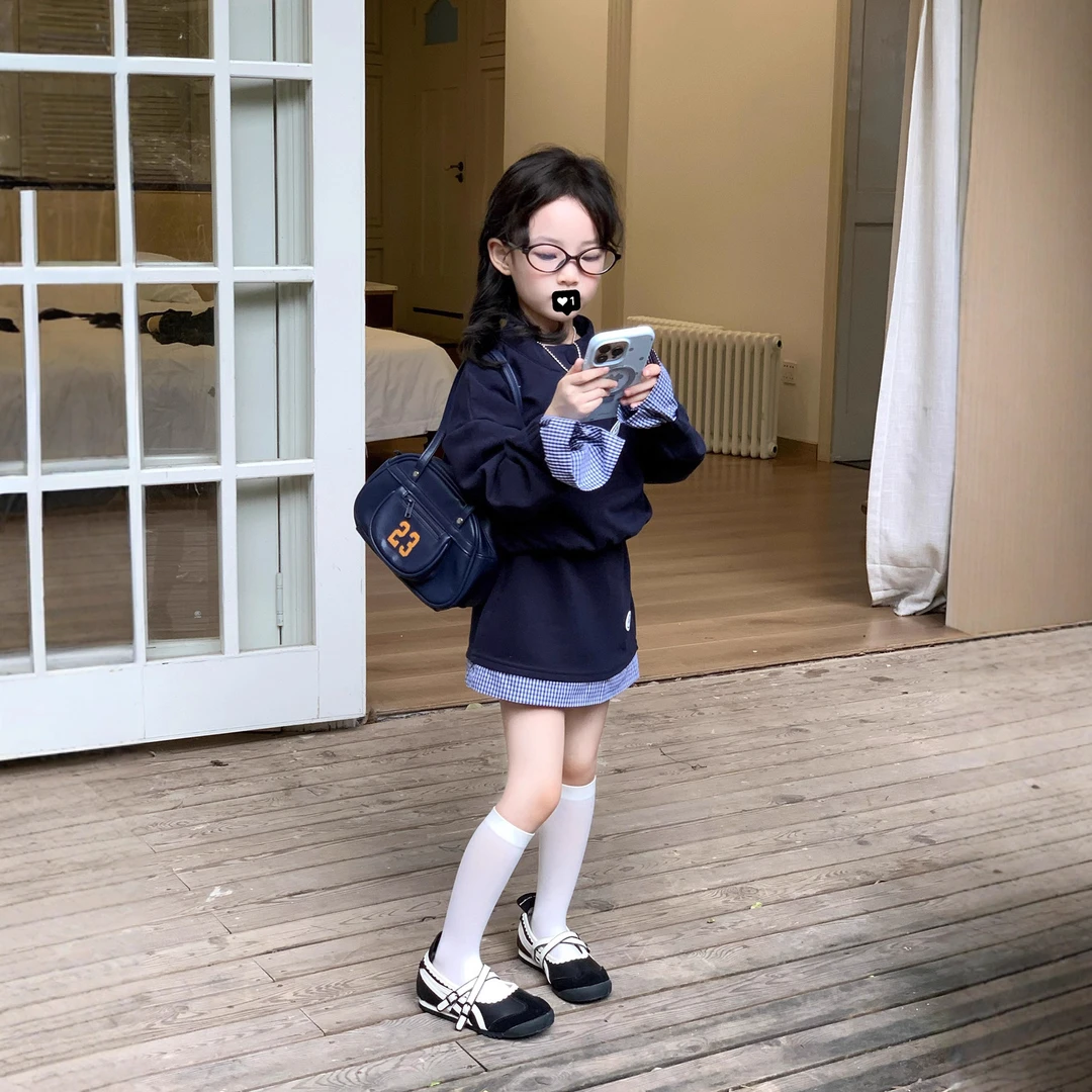 小思家2025秋季新韩版女童套装休闲学院风拼接立领卫衣A字半身裙