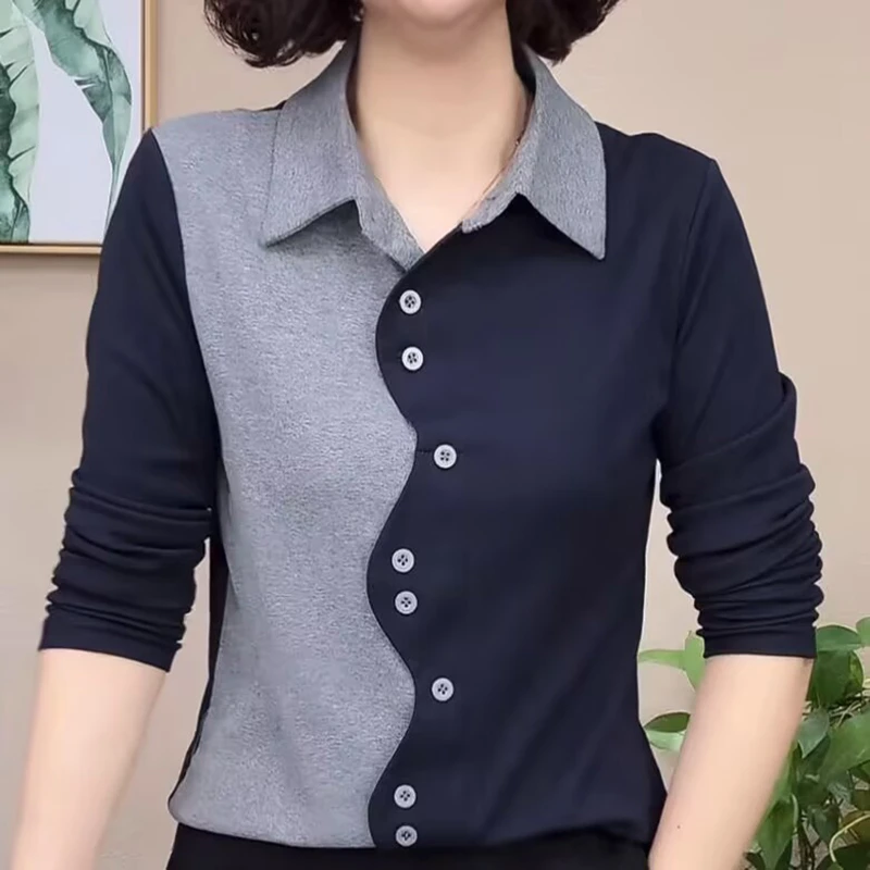 时尚长袖宽松女士衬衣2025秋新款百搭休闲翻领拼色上衣N30527