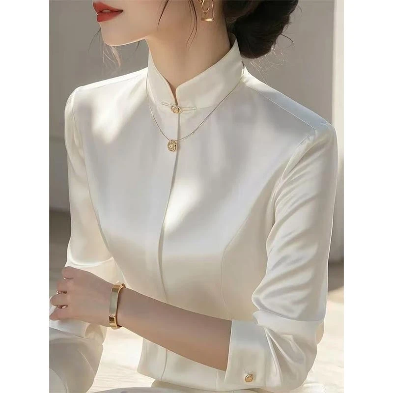 新中式国风高级感衬衫女2025年春秋季新款设计感百搭纯色立领上衣