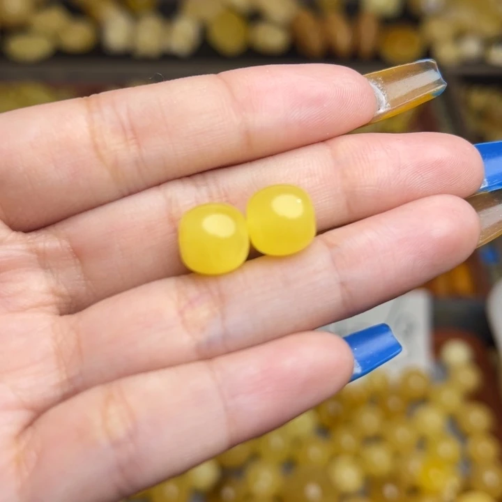 蜜蜡未镶嵌珠宝奇石163-天然蜜蜡满蜡老型珠一对卡9+