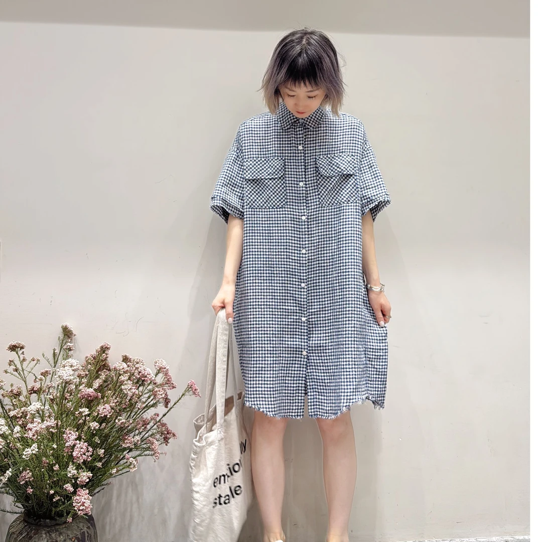 喜悦出品｜青樱｜韩系订单色织亚麻毛边衬衫连衣裙