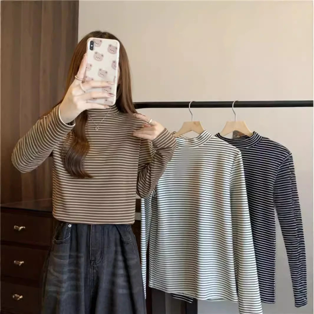 德绒半高领打底衫女舒适内搭春秋季修身长袖恤条纹上衣潮港风