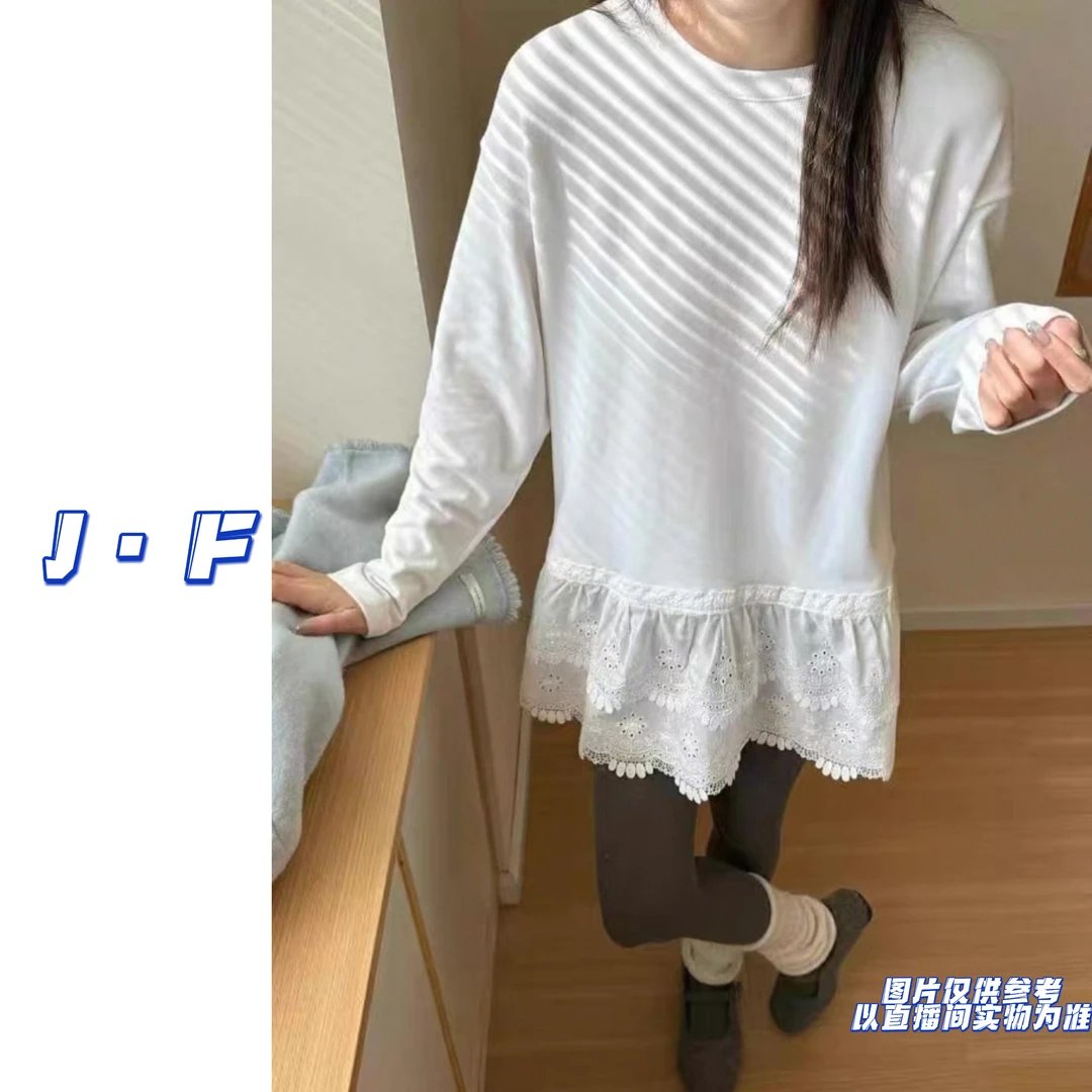 JF定制大码女装韩版蕾丝拼接圆领纯色长袖上衣9819