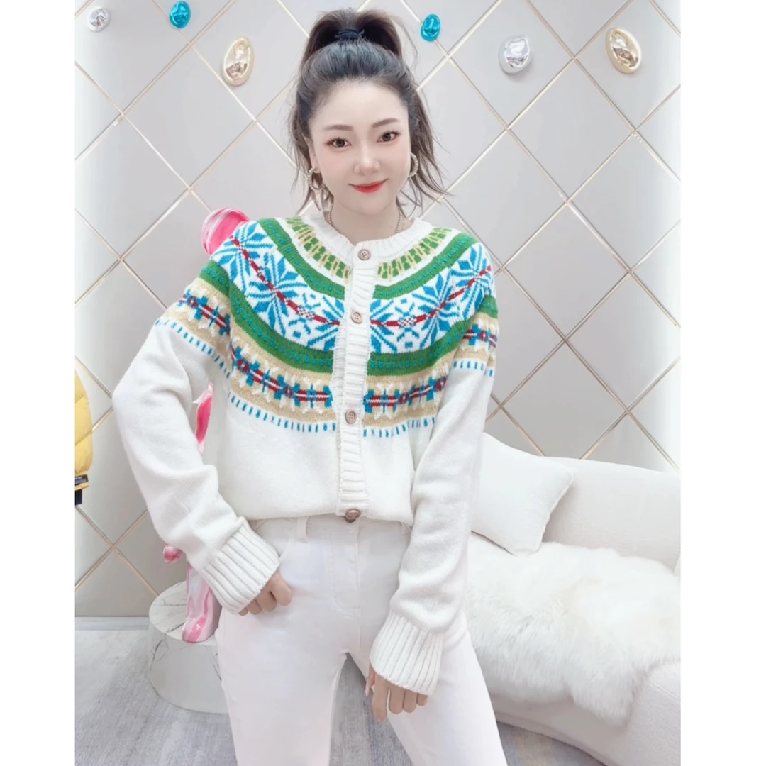 【一路繁花】2825春新款韩系费尔德复古别致提花厚实针织毛衣开衫