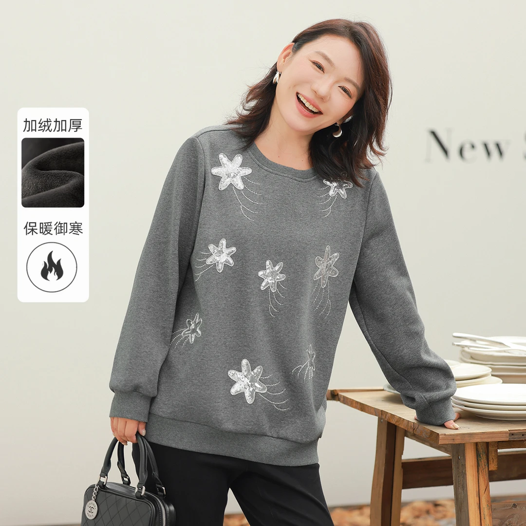 【银狐绒&重工珠片绣】MsShe大码女2024秋冬宽松卫衣A~E2411021