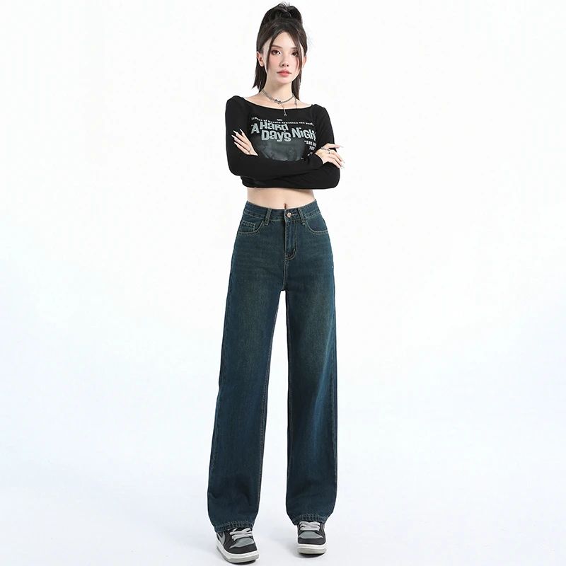 2025秋冬新款美式怀旧复古宽松阔腿裤垂感拖地百搭直筒牛仔裤女