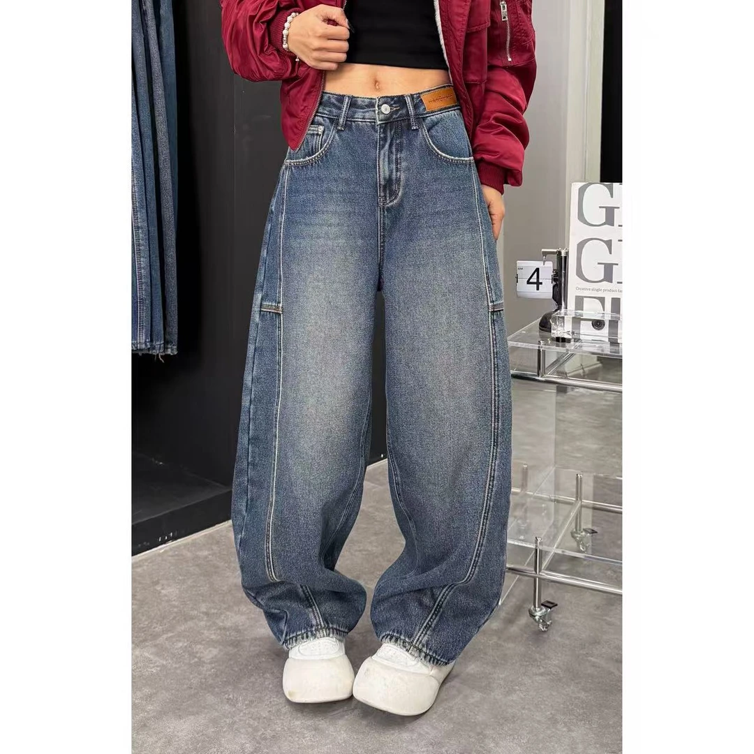 EZ8229秋冬2025新款加绒弯刀裤潮款阔腿裤美式时髦洋气牛仔裤子