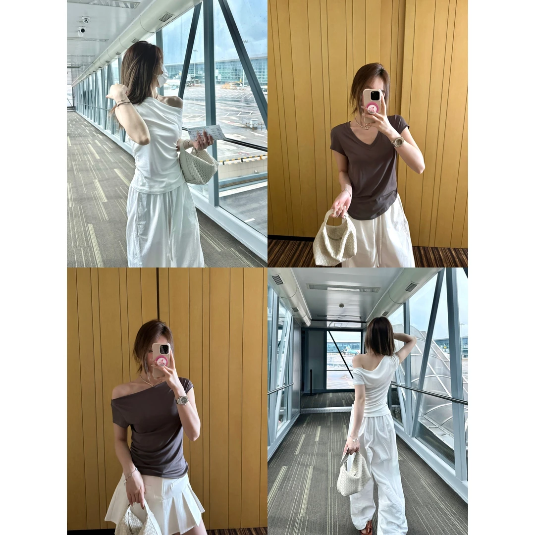 SEVEN也多穿法不对称斜肩&V领正肩上衣莱赛尔薄款显瘦百搭短袖T恤