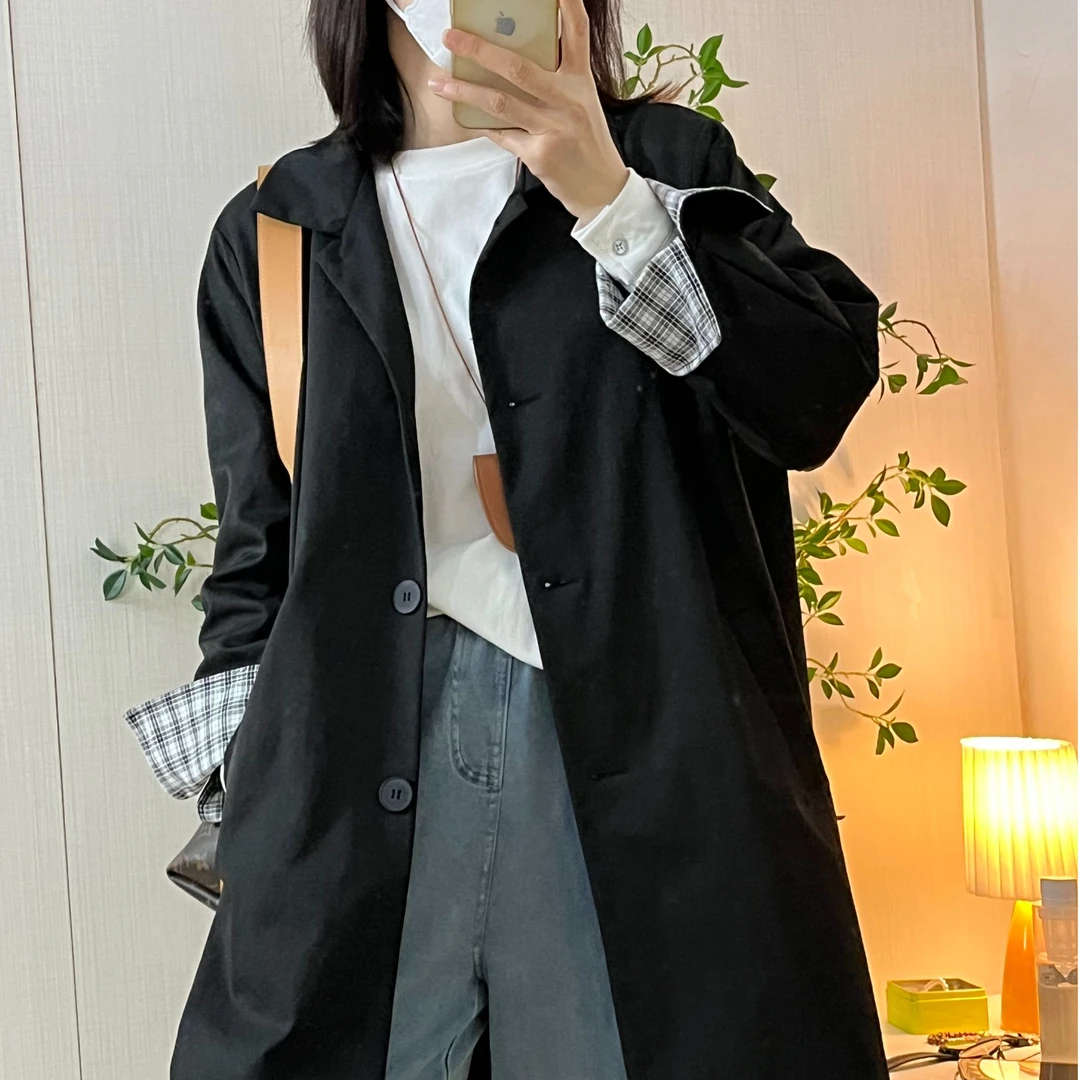 【非衣】高智感中长款polo领风衣撞色格纹卷边袖外套宽松显瘦上衣女