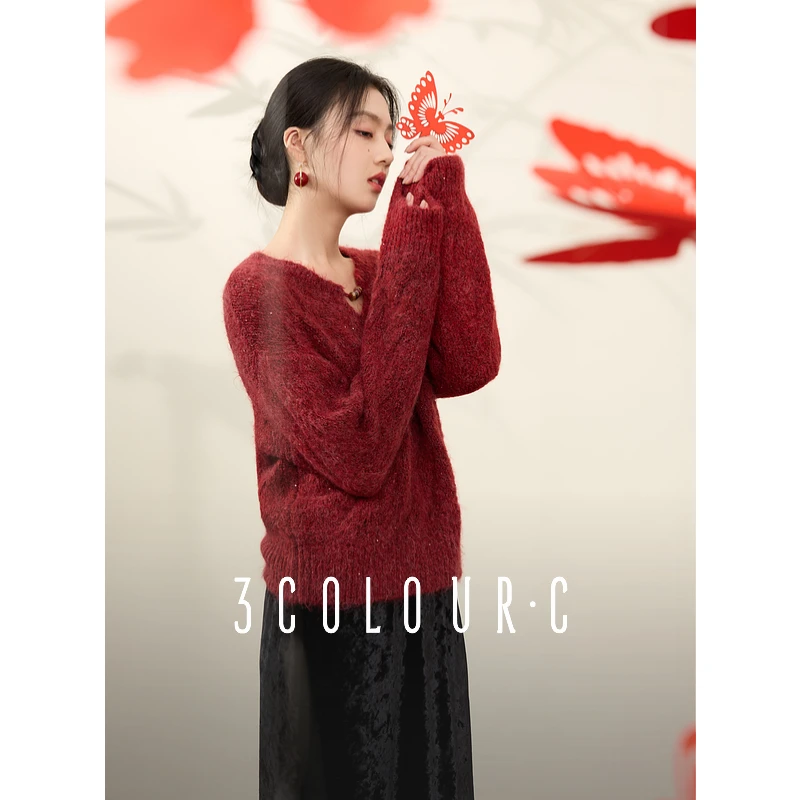 【三彩新中式】【浮生若梦】2025春季新款针织衫新年红羊毛衣女C
