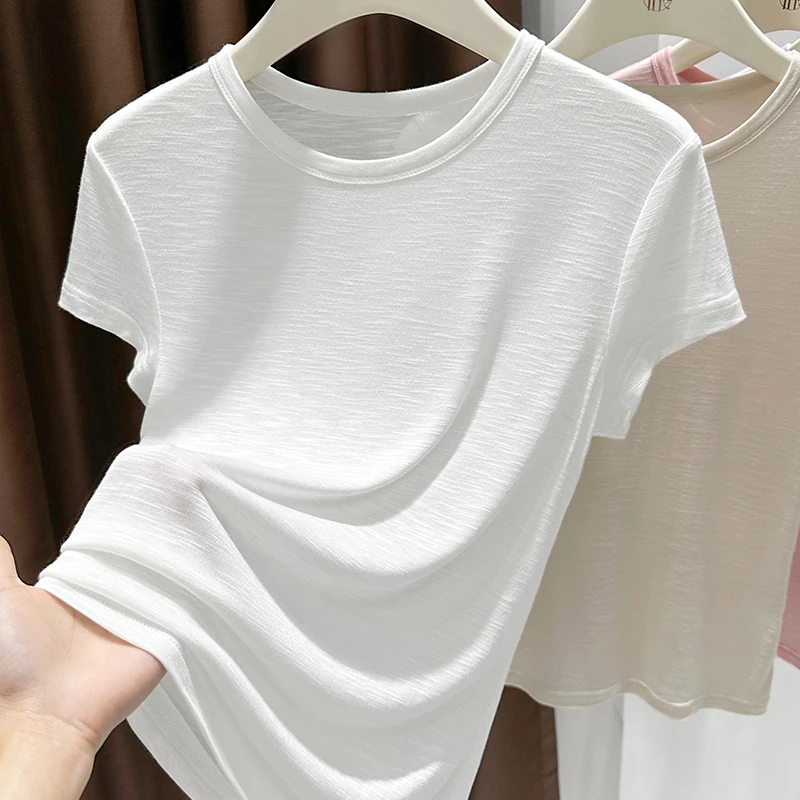 白色精致小圆领套头上衣女夏季外穿时髦短袖T恤设计感爆款打底衫