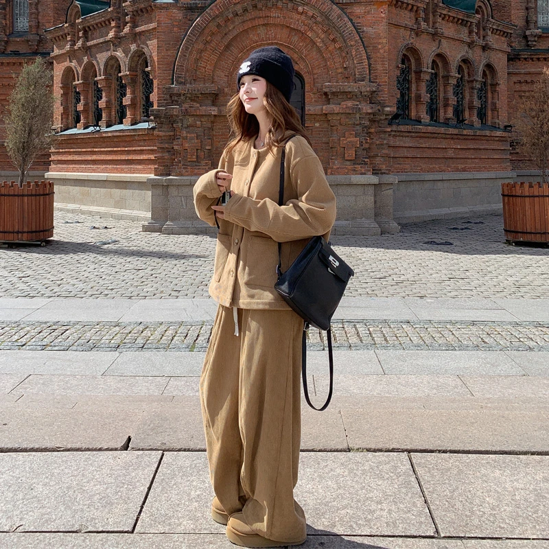 复古松弛感灯芯绒套装裤女2025冬季新款小众慵懒风加绒加厚两件套