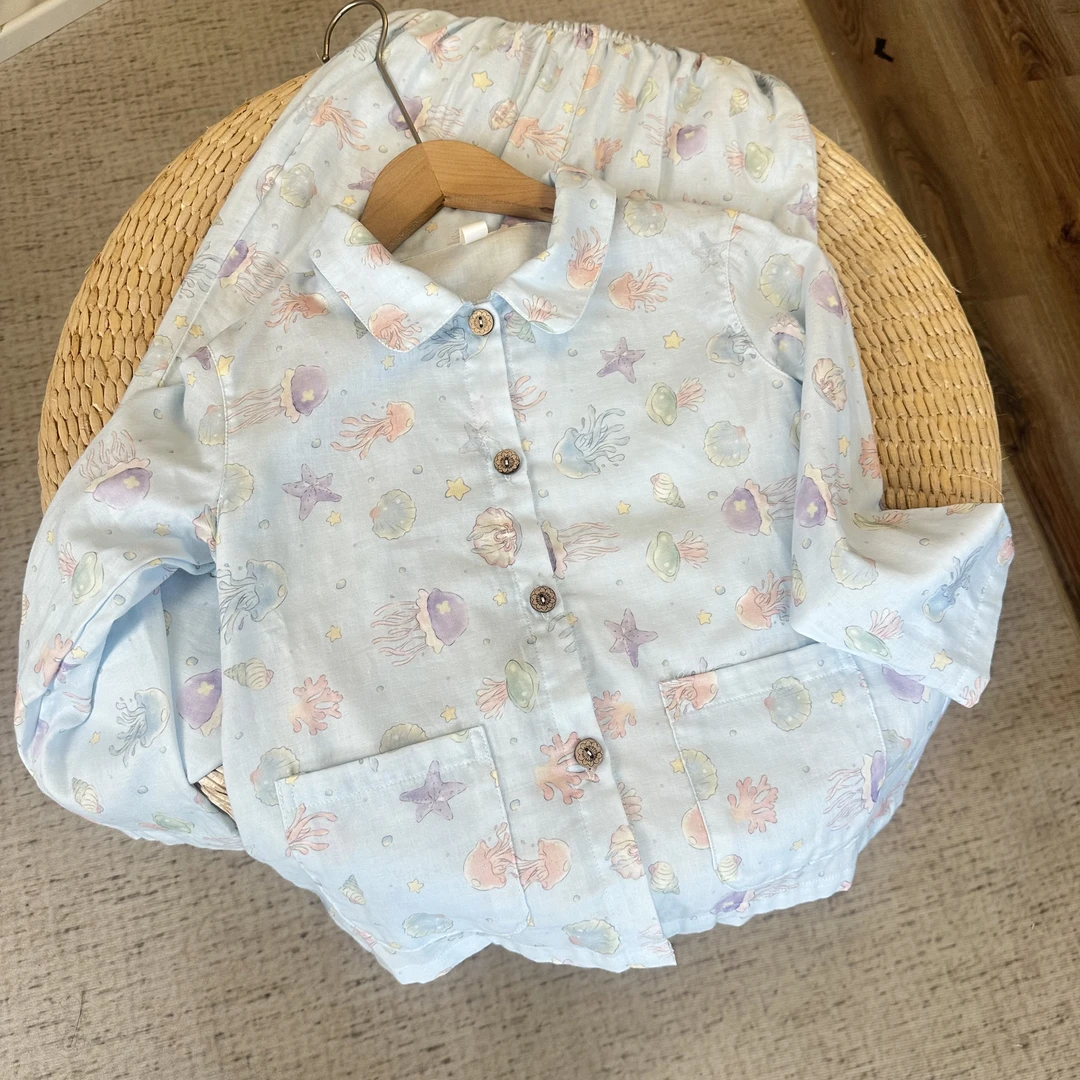 儿童双层纱全棉母婴级a类长袖长裤套装家居服纯棉透气亲肤