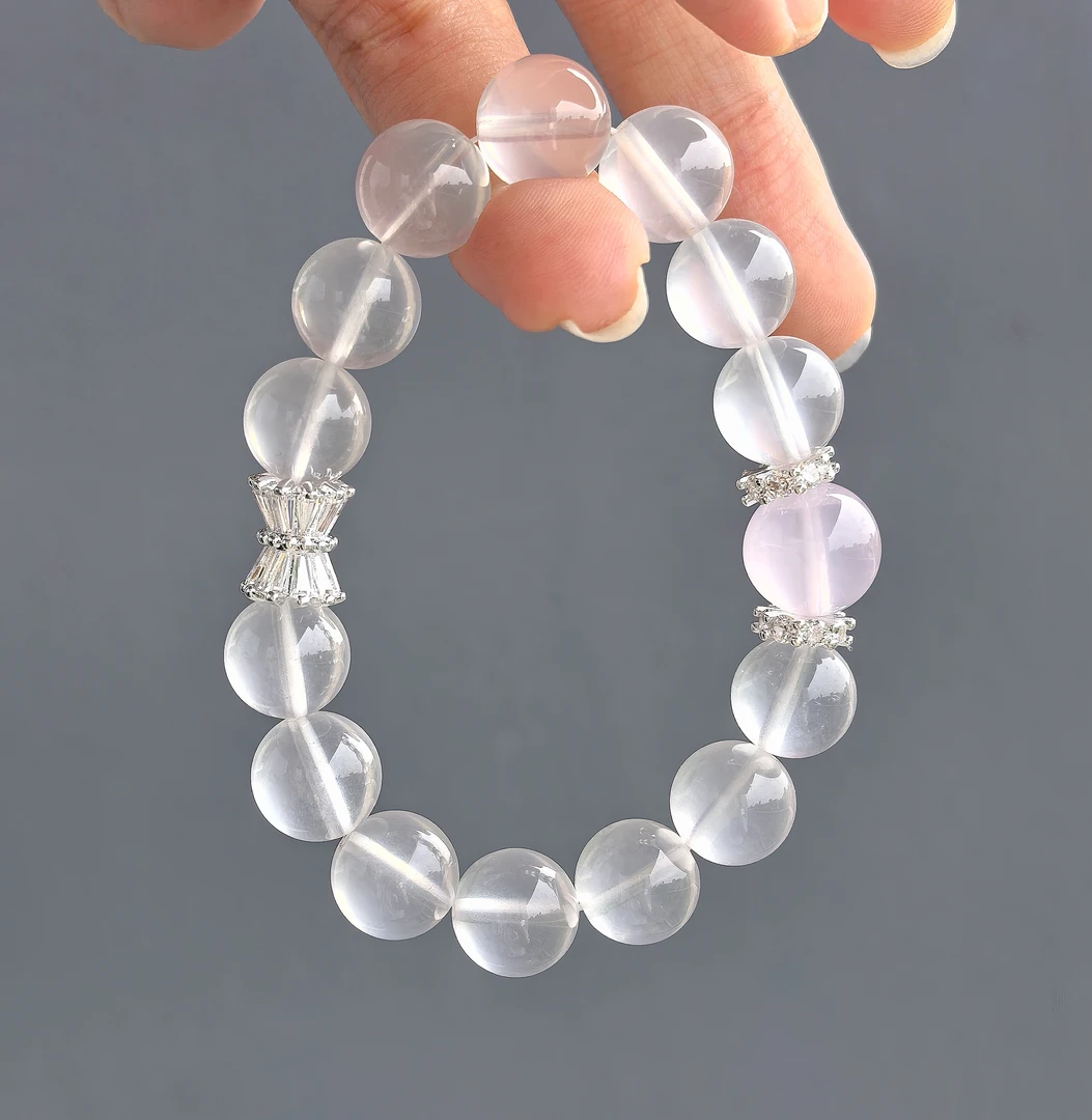 天然 卡10咪 奶白晶 莫桑星光粉水晶 原创手串