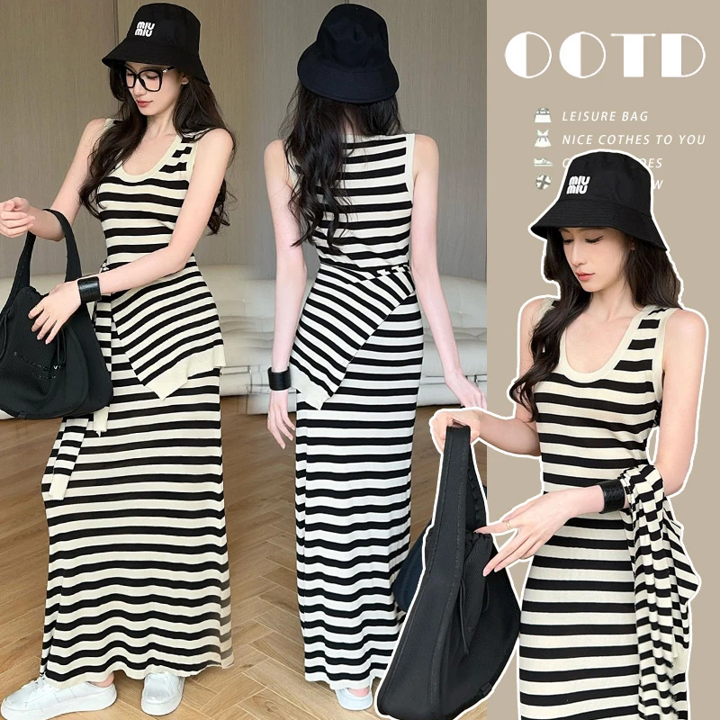 孕妇装时尚显瘦气质条纹长裙2025新款爆款夏季外穿休闲收腰连衣裙