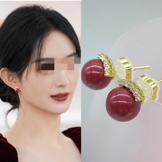 含辰砂工艺品天然原矿提炼紫金砂丽颖同款朱砂微笑耳钉高定版10mm