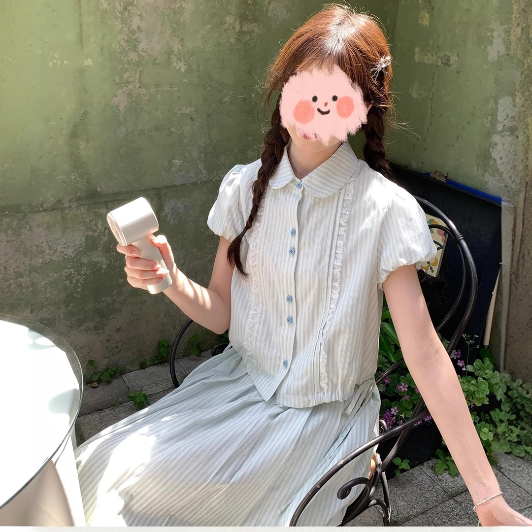 甜美条纹短袖娃娃领衬衫中长款半身裙套装裙两件套女夏-1