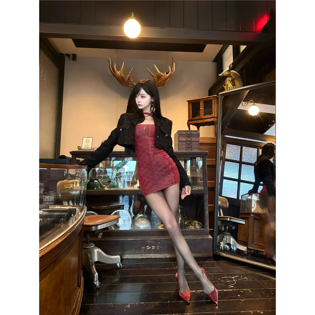 美式辣妹2025秋季新款小香风短款外套配性感一字肩抹胸连衣裙套装