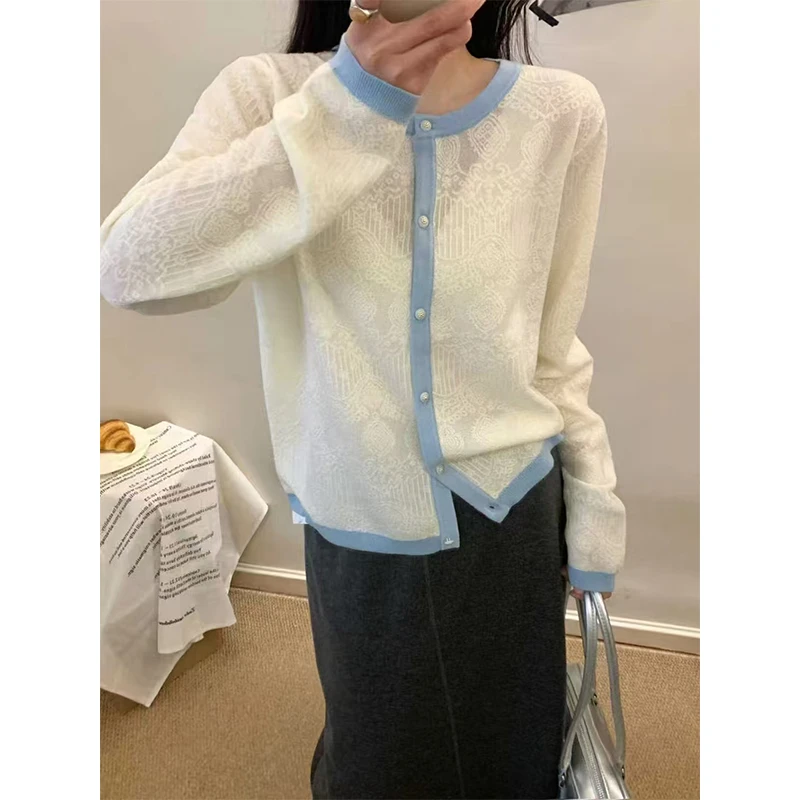 丹姐家 拼色圆领单排扣钩花针织衫上衣