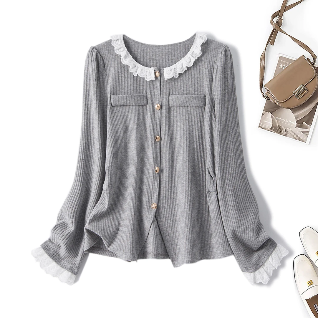 清2025秋季小香风甜美蕾丝花边打底衫大码修身显瘦内搭上衣63933