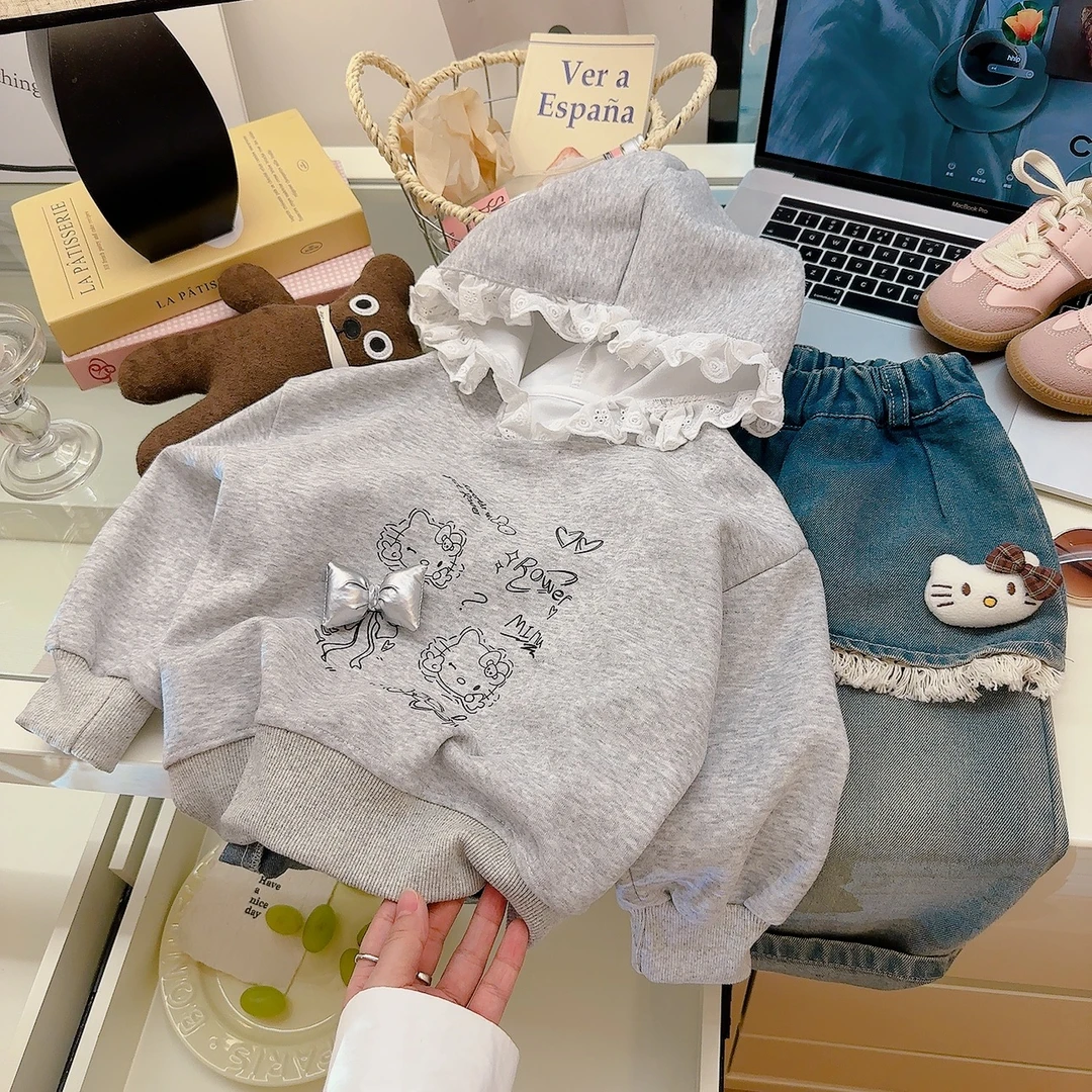 25儿童卫衣2025秋季休闲百搭蝴蝶结拼接蕾丝休闲连帽衣服洋气新款