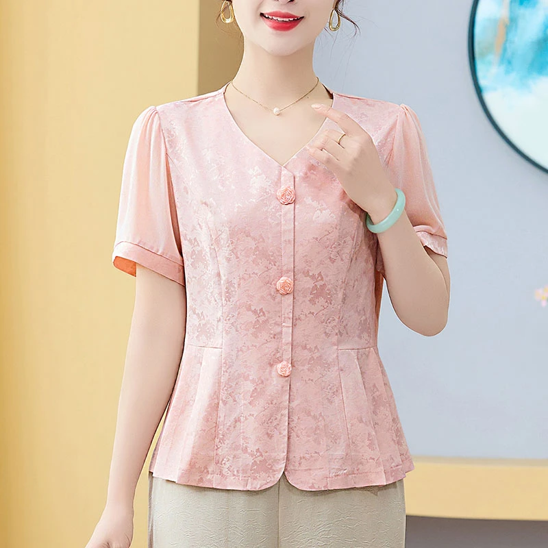 中年妈妈夏装套装时尚气质小衫大码中老年女装夏季短袖上衣两件套