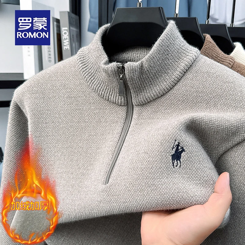 罗蒙半高拉链男士毛衣加绒加厚2025冬季新款一体绒保暖打底针织衫