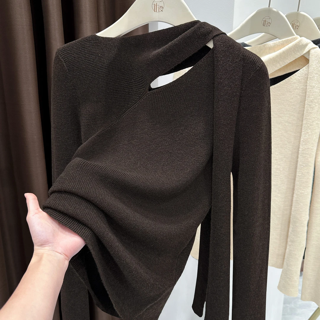 咖色领口绑带设计长袖上衣女秋季新款小众外穿打底衫洋气针织小衫