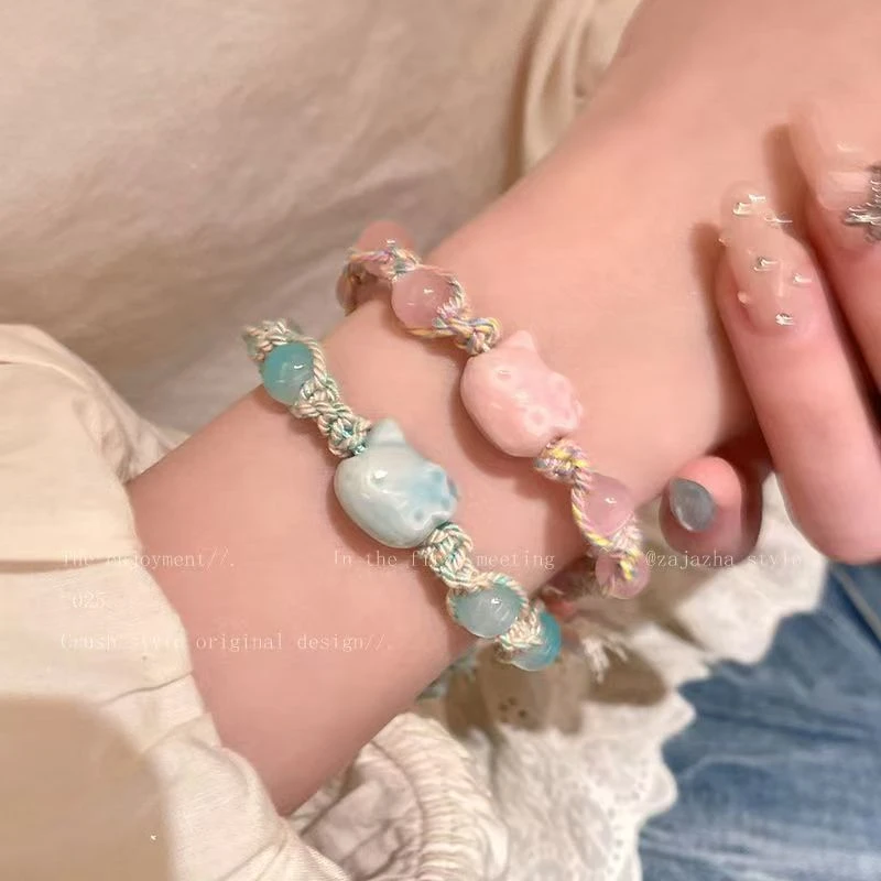 合金手链 合金手链 可爱陶瓷kiti小猫甜美编织手链猫咪手绳小众设