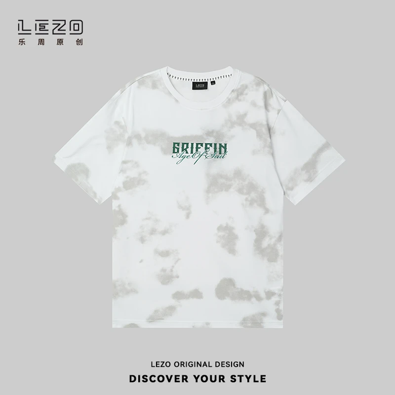 LEZO乐周原创 夏季扎染短袖圆领T恤落肩版 925201538 白色