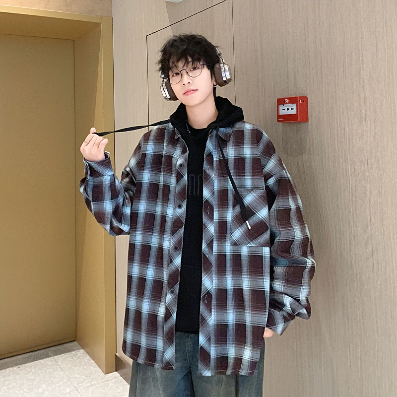 春季格子衬衫青少年学生百搭长袖外套男生潮流宽松方领上衣25011