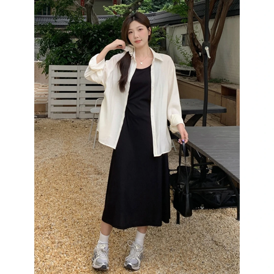 新款显瘦吊带裙夏季百搭衬衫背心连衣裙胖两件套中长款字裙韩