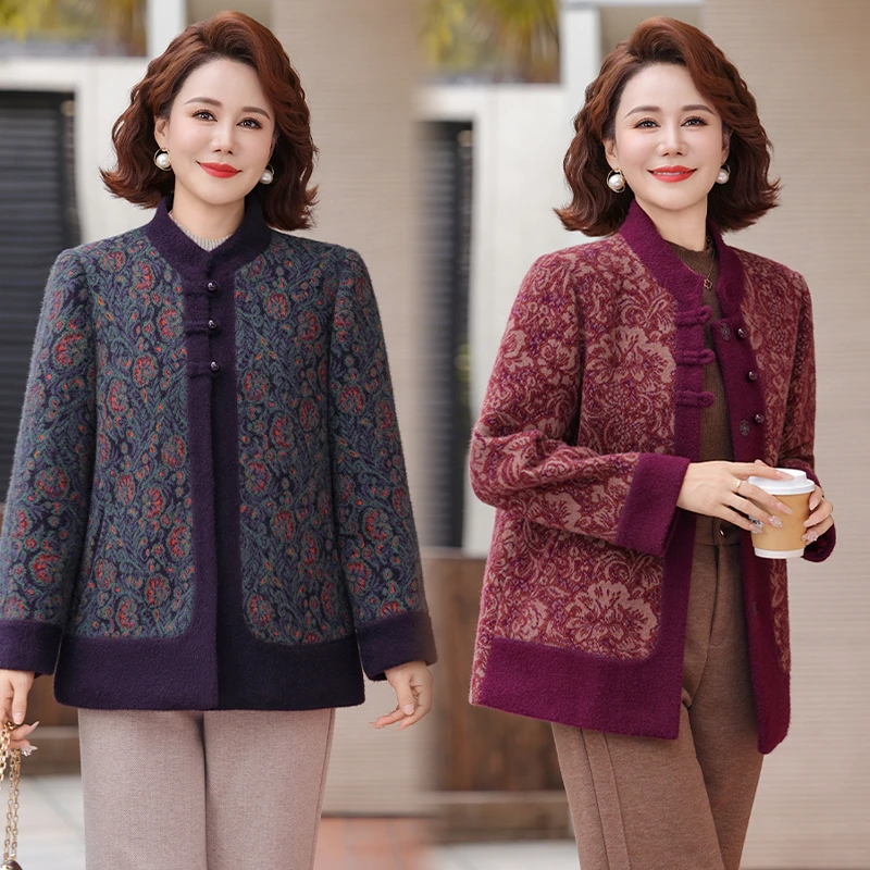 中年妈妈加绒保暖外套中老年女装仿水貂绒外套加绒加厚毛呢外套