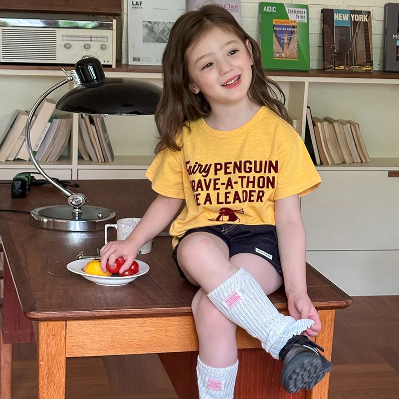 儿童卡通刺绣白色企鹅短袖夏女童软糯洗水竹节棉轻薄字母T恤宝宝