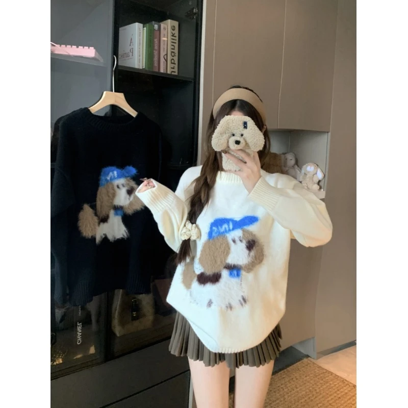 秋季女装减龄可爱美式复古圆领百搭毛绒小狗宽松洋气长袖软糯毛衣