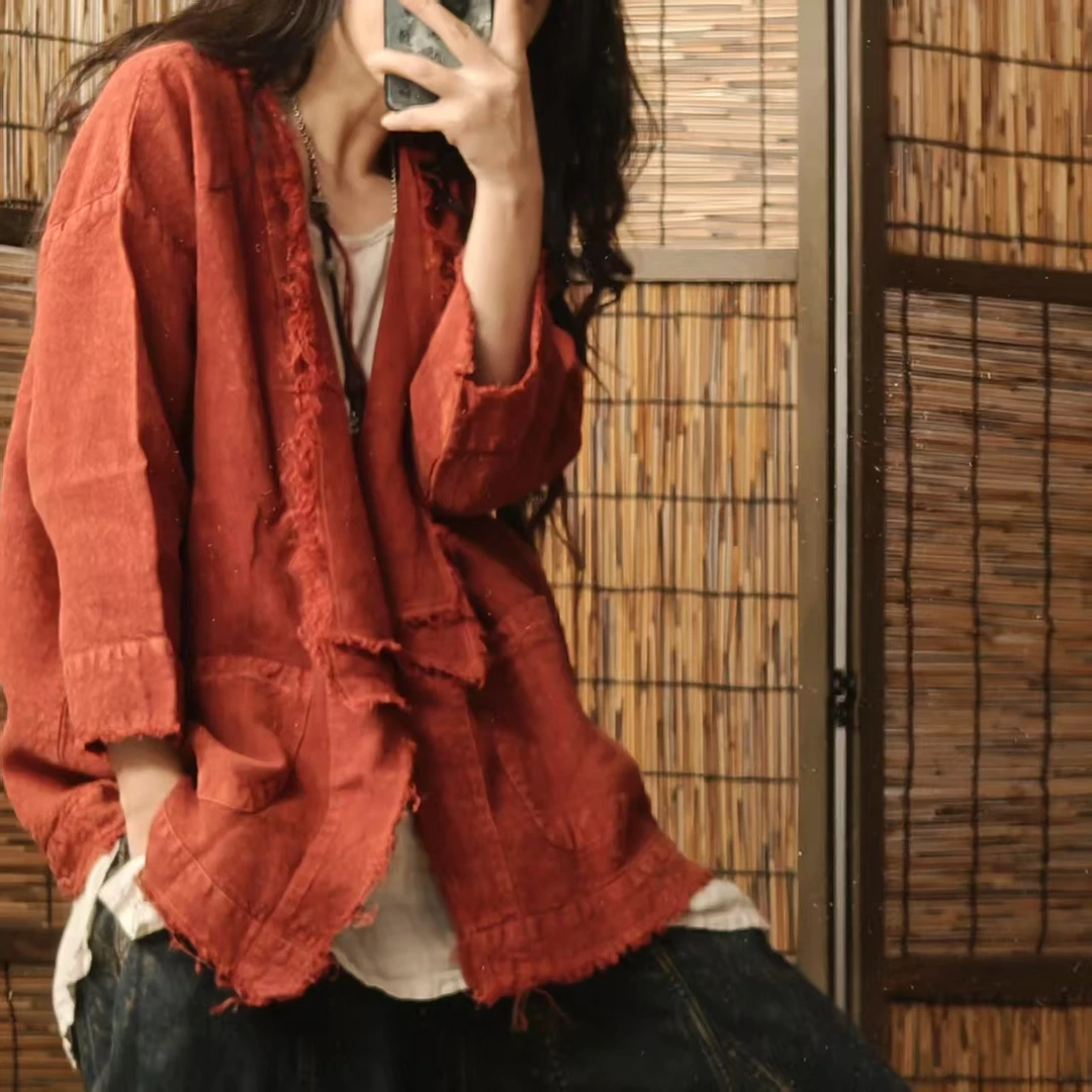 虞姑娘推荐 复古炒色做旧设计款亚麻开衫（胸围140衣长69）