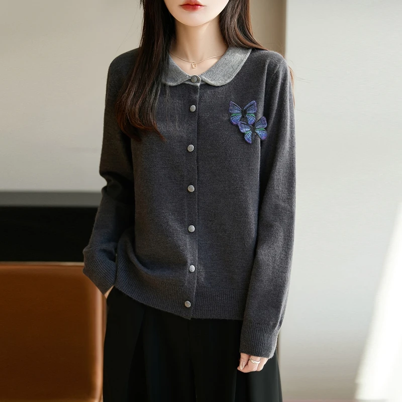 减龄翻领撞色针织开衫毛衣宽松可内搭秋冬新款上衣洋气小香风蝴蝶