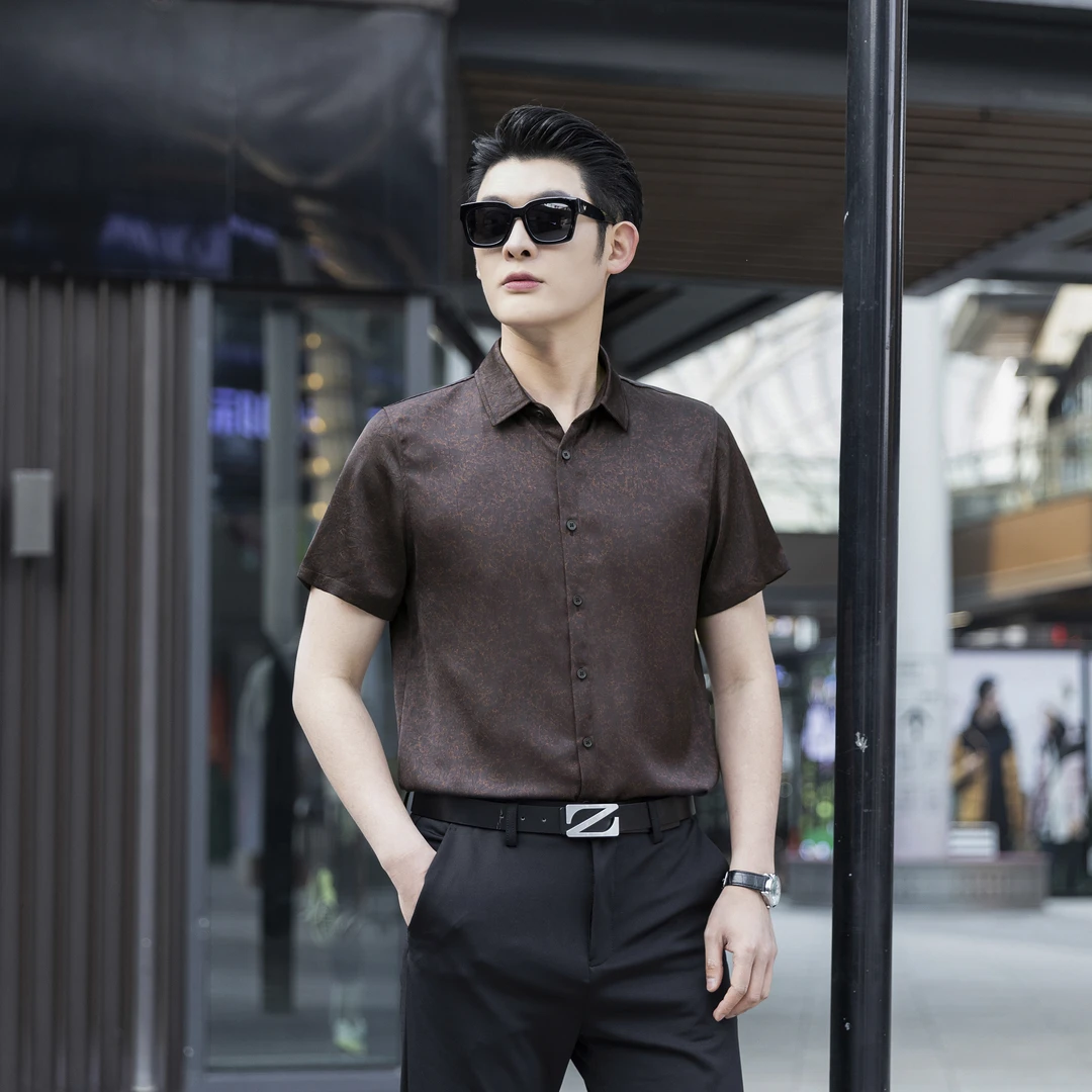 男士桑蚕丝衬衫香云纱短袖衬衣百分百桑蚕丝高端轻奢上衣