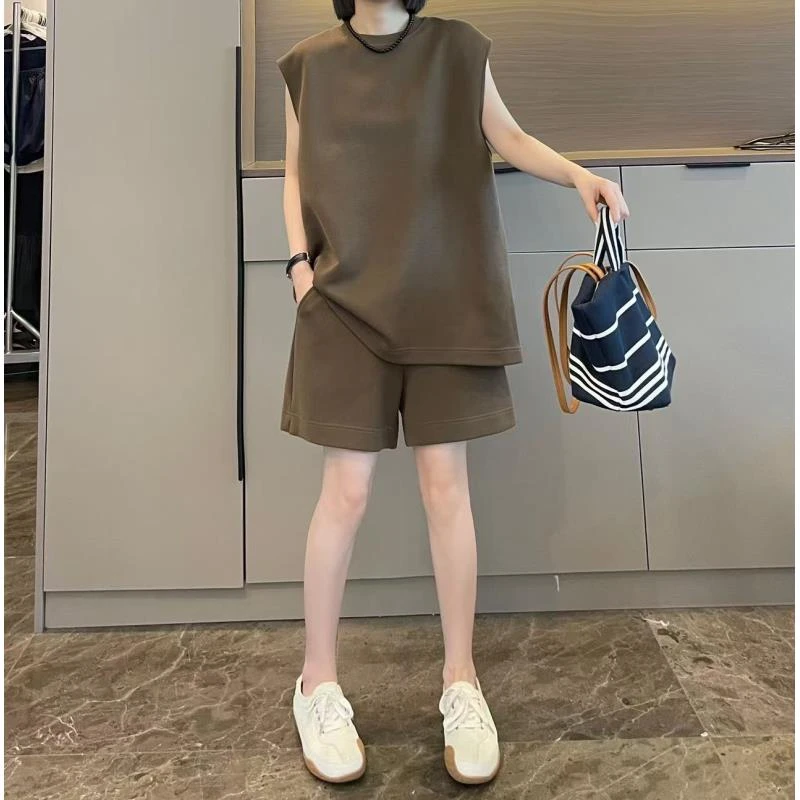 米可/MK-2089ZJ【无袖上衣+短裤纯色运动套装】时尚夏季新款套装