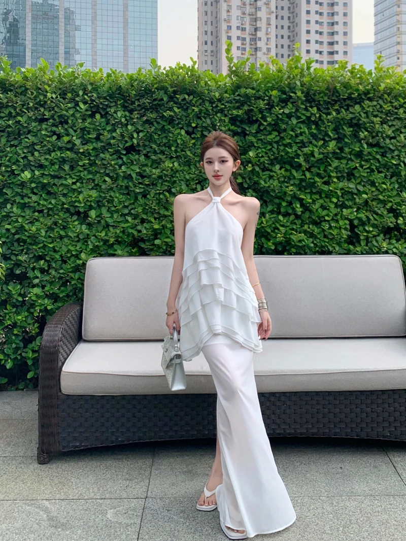 【仲夏千层】夏季新款白色荷叶边挂脖吊带女夏辣妹设计感露背上衣