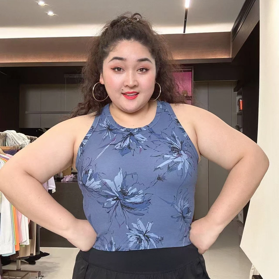 励志女孩大码工字背裸感运动背心WX-325 蓝色花朵
