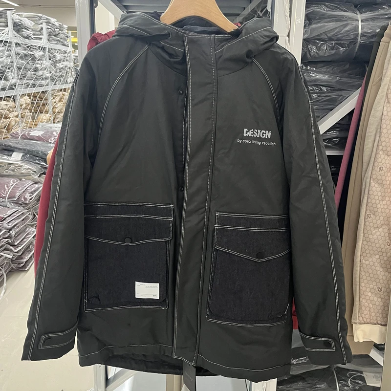 灰 冬季潮牌牛仔拼接抽绳羽绒服820062