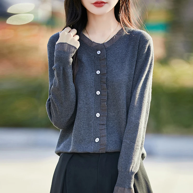 蕾丝针织开衫春秋2025新款大码女装短款上衣外搭宽松薄款毛衣外套