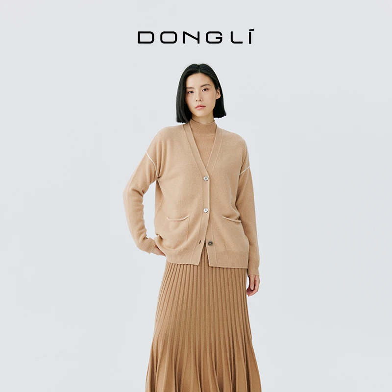 东黎 山羊绒 女士秋冬针织V领羊绒长袖开衫百搭简约时尚4753