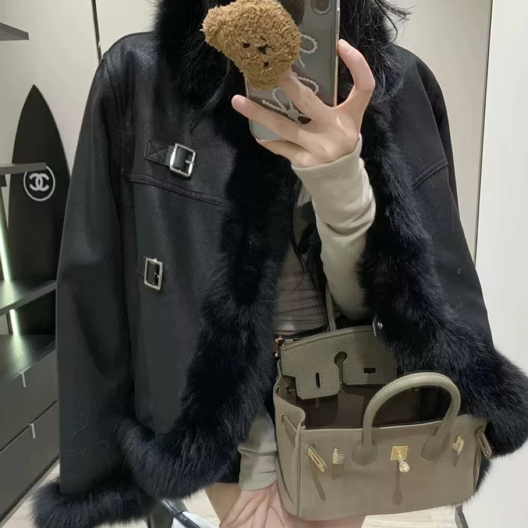 新款麂皮绒毛领短款女冬季