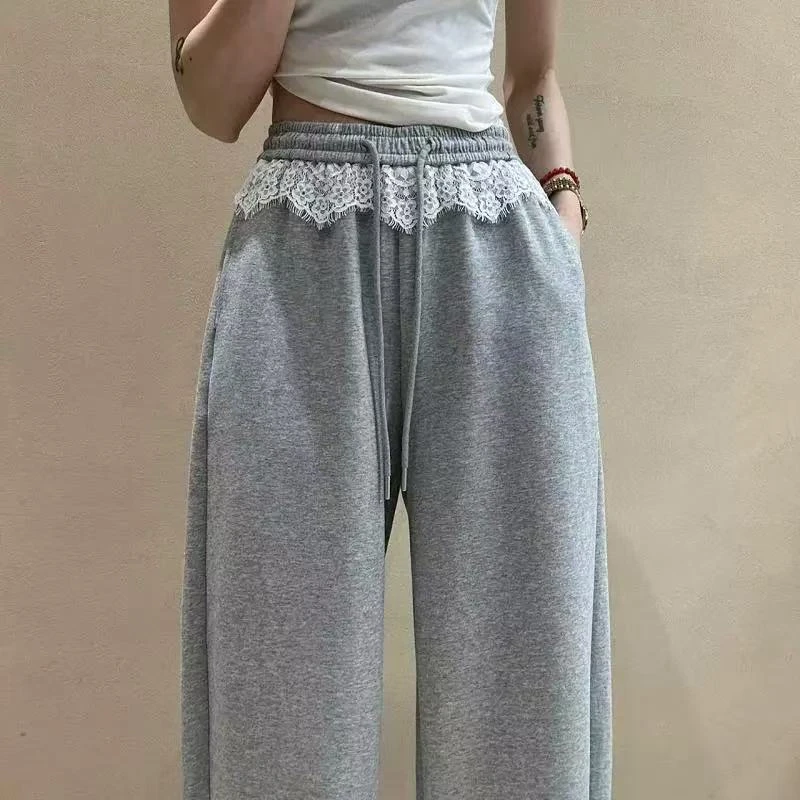 2025春季新款蕾丝花边拼接潮流休闲百搭显瘦直筒弯刀卫裤女士长裤