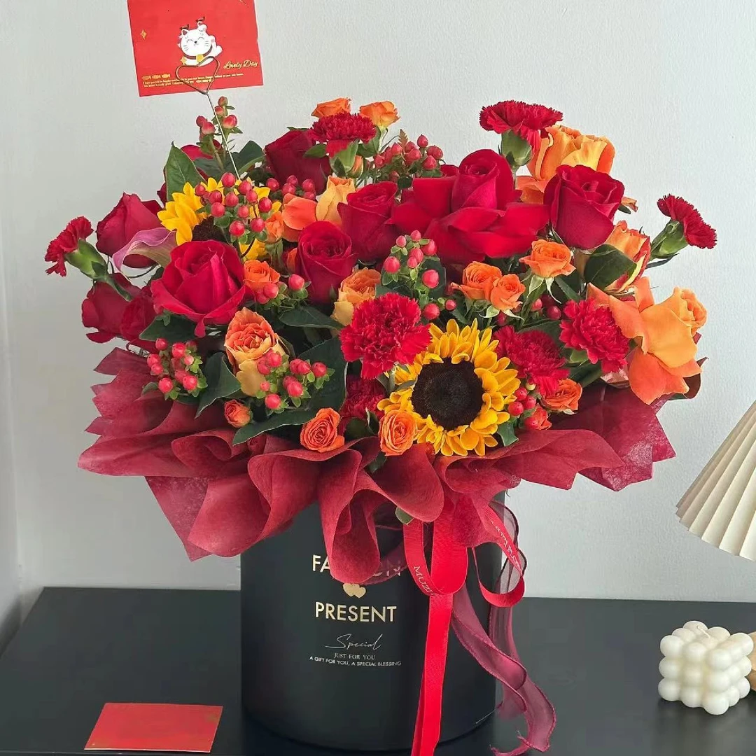 【福暖四季】2朵向日葵混搭抱抱桶花束鲜花新年花束春节鲜花送领导送长辈生日花束花店送花上门