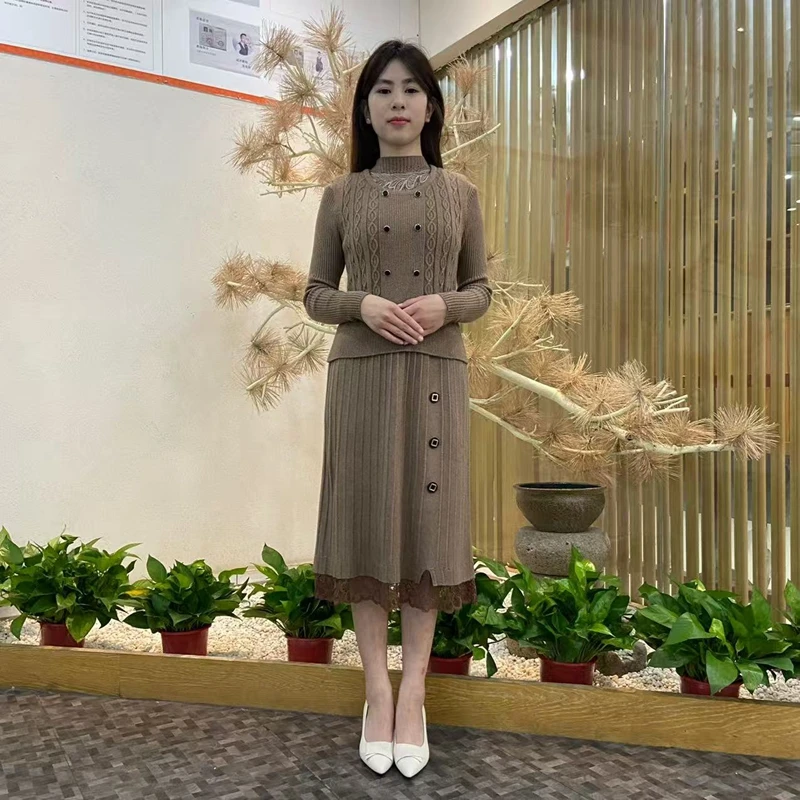 秋冬针织毛衣双扣背心马甲两件套时尚中长款气质显瘦百搭套装女士